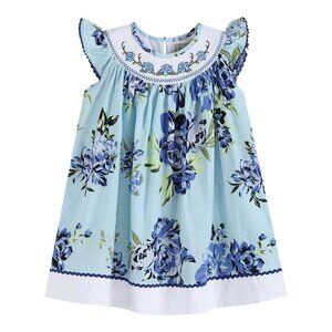 Girls Vintage Blue Rose Smocked with Roses Bishop Dress